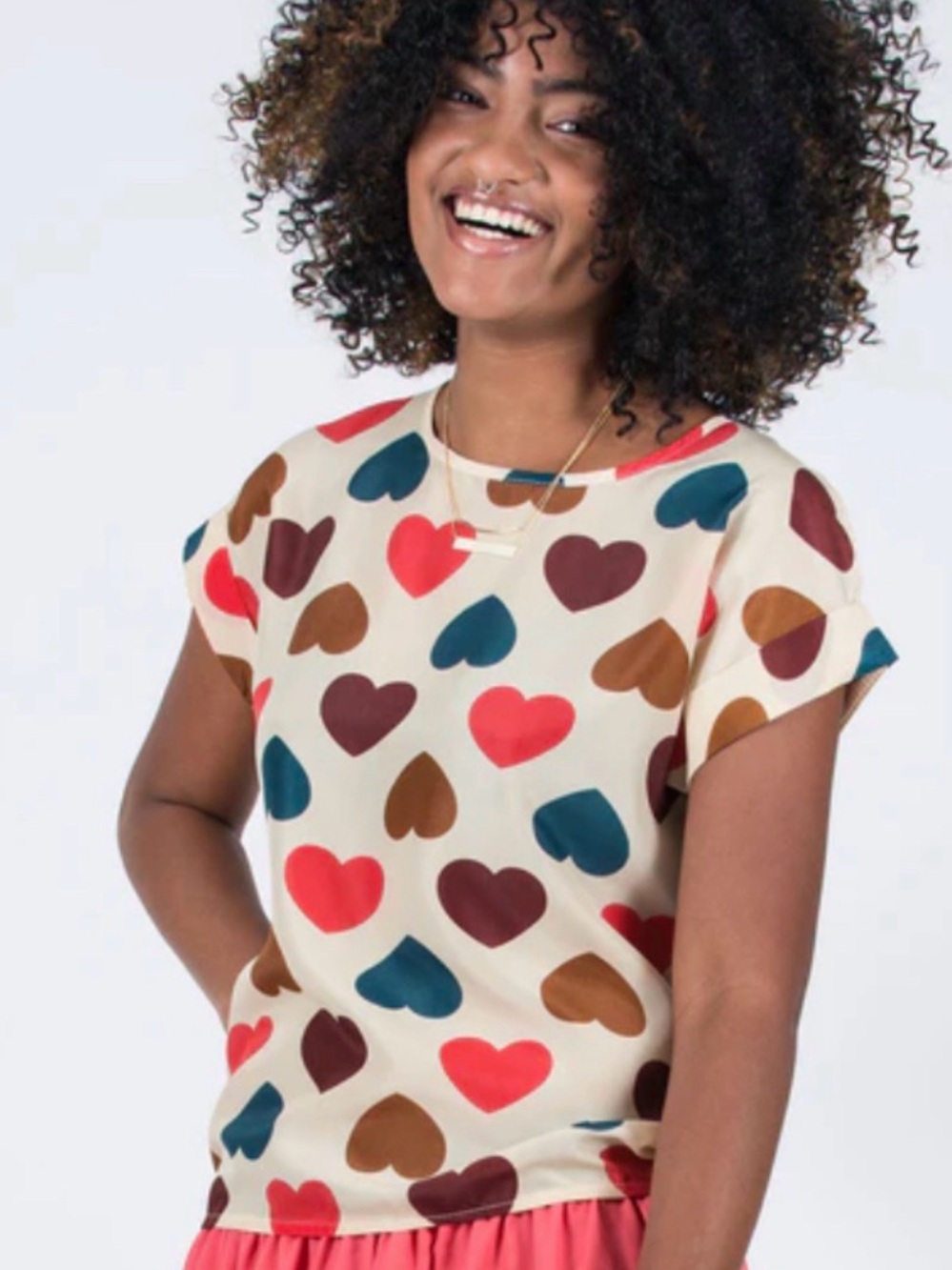 Neutral Heart Print Short Sleeve Top - Red, Teal, Brown Hearts